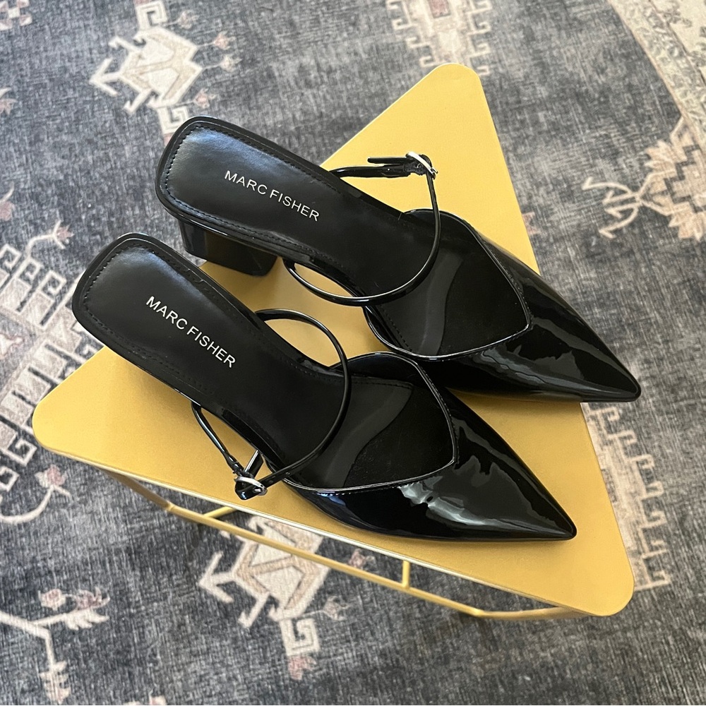 Marc Fisher “Lakey” Black Heeled Mules